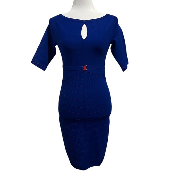 Cache Womens Sheath Dress Elbow Sleeve Keyhole Neck Ribbed Belted Blue Size XS - Picture 2 of 11
